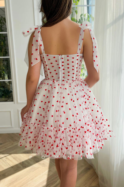P5066 - Sweet Straps Love Print A-Line Tulle Homecoming Party Dress with Pockets