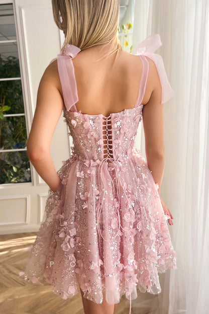P5067 - Stunning A-Line Square Bead Embroidery Pink Short Party Homecoming Dress