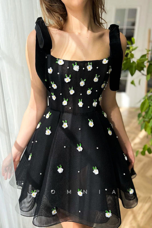 P5068 - Double Straps A-Line Appliques Tulle Short Party&Homecoming Dress with Pockets