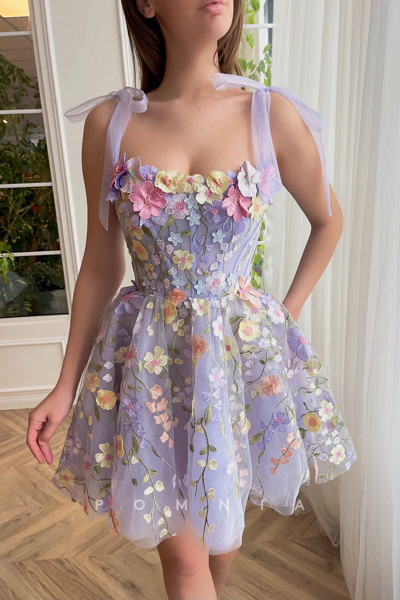 P5069 - Floral Straps A-Line Appliques Sleeveless Mini Party&Homecoming Dress