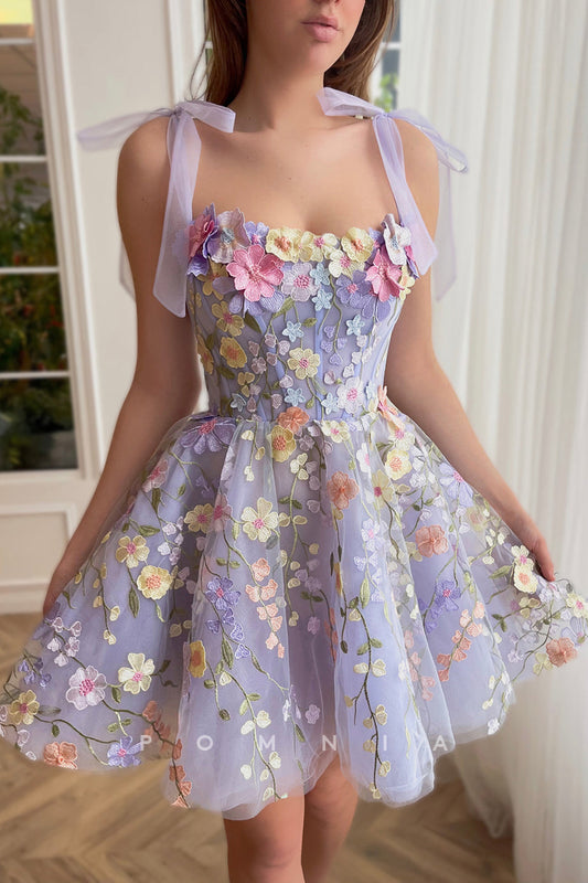 P5069 - Floral Straps A-Line Appliques Sleeveless Mini Party&Homecoming Dress