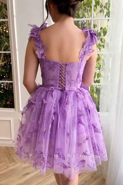 P5070 - A-Line Pleats Butterfly Appliques Mini Homecoming&Graduation Dress with Pockets