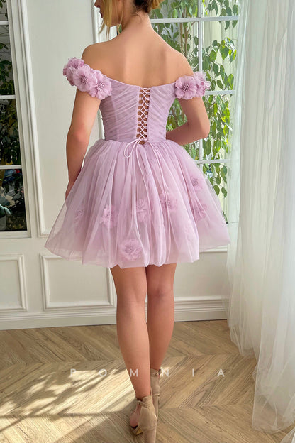 P5071 - Off-Shoulder V-Neck A-Line Appliques Sweet Tulle Party Homecoming Dress