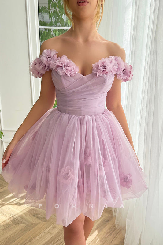 P5071 - Off-Shoulder V-Neck A-Line Appliques Sweet Tulle Party Homecoming Dress