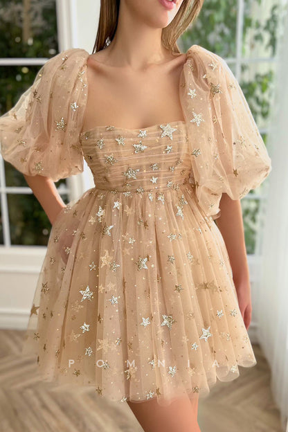 P5072 - A-Line Puff Sleeves Star Print Tulle Side Pocket Mini Homecoming&Party Dress