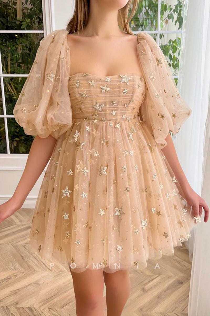 P5072 - A-Line Puff Sleeves Star Print Tulle Side Pocket Mini Homecoming&Party Dress