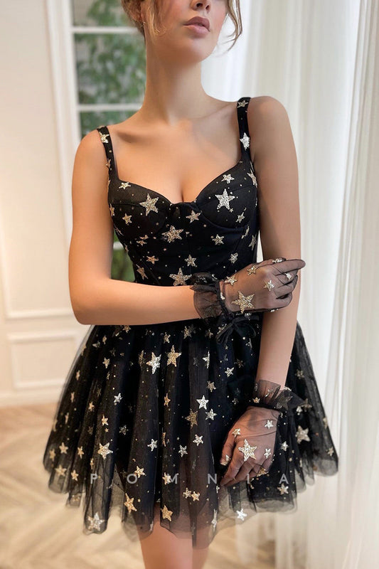 P5073 - Chic Straps V-Neck Star Print Tulle Mini Homecoming/Party Dress with Gloves