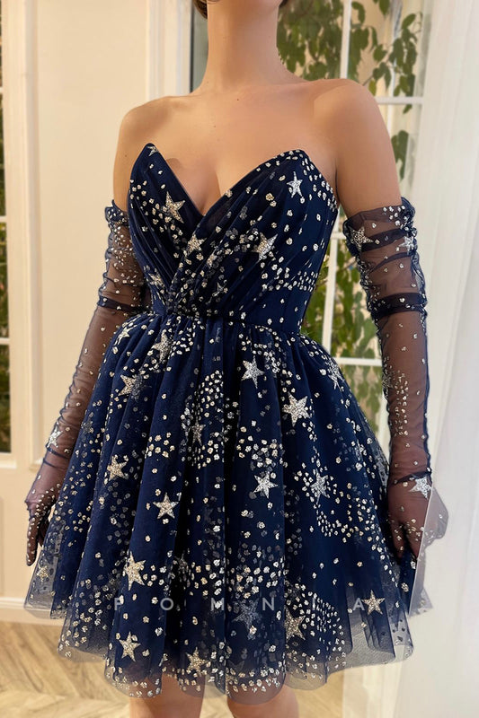 P5075 - Strapless V-Neck Star Print Tulle Short Party Homecoming Dress with Gloves