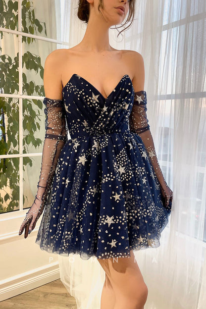 P5075 - Strapless V-Neck Star Print Tulle Short Party Homecoming Dress with Gloves