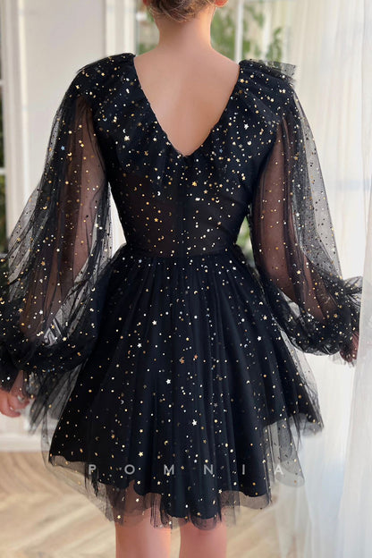 P5077 - Modern Long Sleeves V-Neck Print Tulle Mini Party&Homecoming Dress