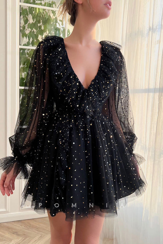 P5077 - Modern Long Sleeves V-Neck Print Tulle Mini Party&Homecoming Dress