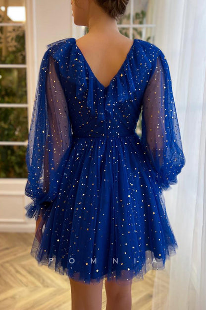 P5078 - V-Neck Long Sleeves Blue Tulle Print Short Homecoming Party Dress