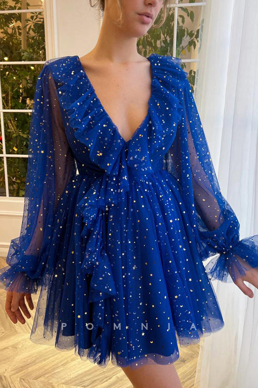 P5078 - V-Neck Long Sleeves Blue Tulle Print Short Homecoming Party Dress
