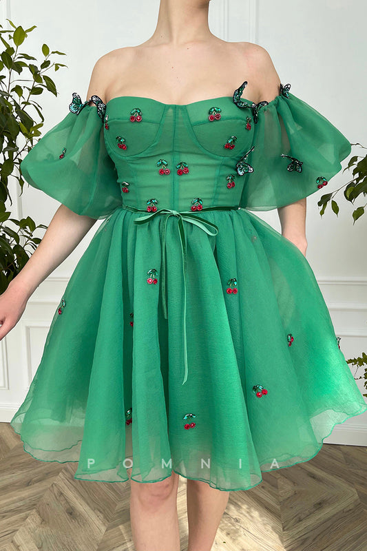 P5083 - A-Line Sweetheart Puff Sleeves Appliques Mini Homecoming Party Dress with Pockett