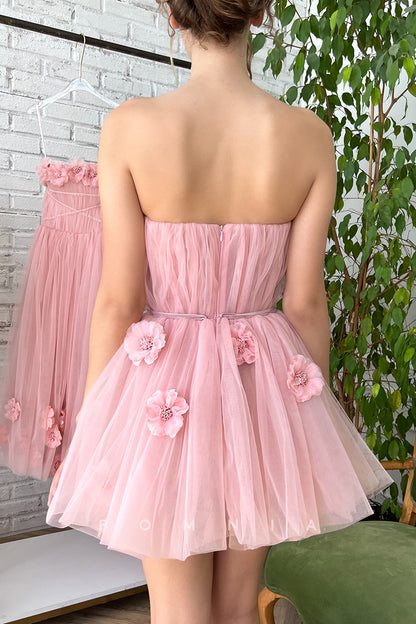 P5084 - Off-Shoulder Flower Appliques Sleeveless Tulle Mini Graduation Homecoming Dress