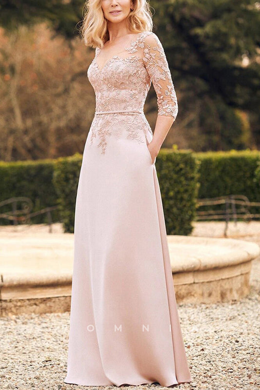 P9014 - A-Line Long Sleeves Appliques Satin Long with Pockets Mother of the Bride Dress