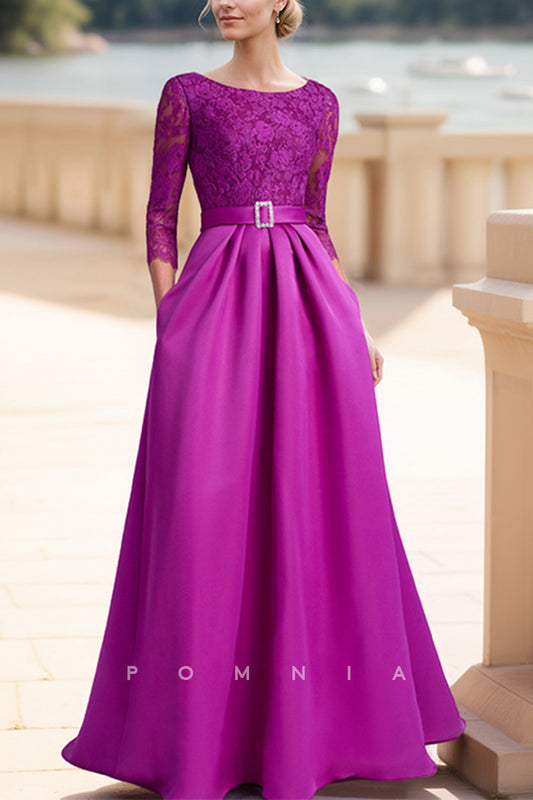 P9019 - A-Line Scoop Long Sleeves Empire-Waist Satin Long Mother of the Bride Dress with Pockets