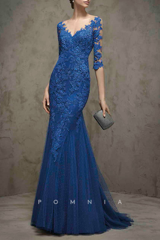P9025 - Classic Mermaid Lace Appliques Long Sleeves Long Mother of the Bride Dress