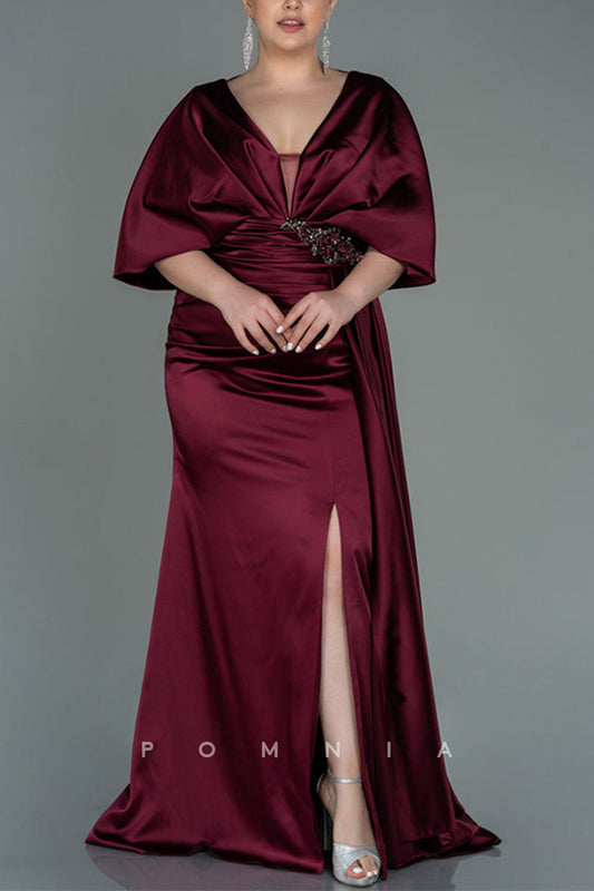 P9026 - Chic V-Neck Pleated Mermaid/Trumpet Beaded Satin Mother of the Bride Dress with Slit