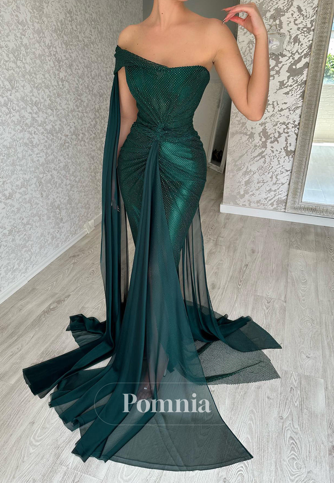 Peacock One Shoulder Ruched Floor-Length Evening Dress
