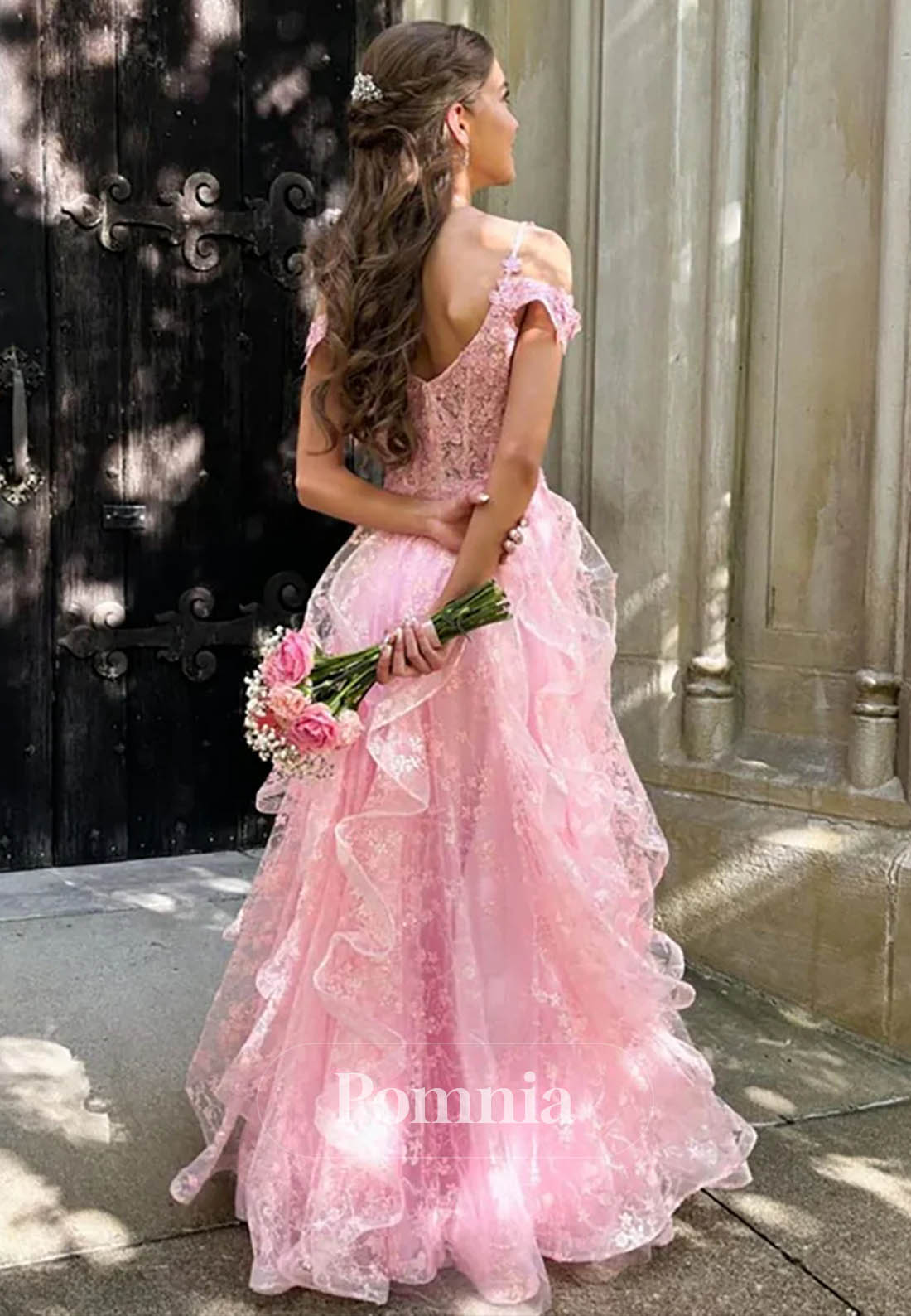 Pink Floral Appliqué Off-Shoulder Ruched Prom Dress