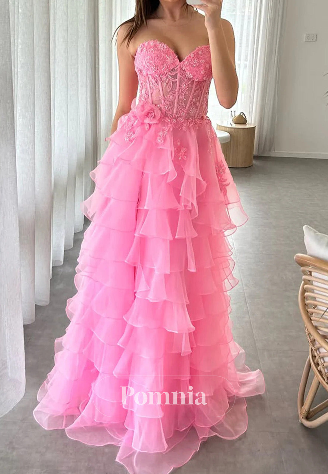 Pink Strapless Prom Gown with 3D Floral Lace Tiered Chiffon Ruffles