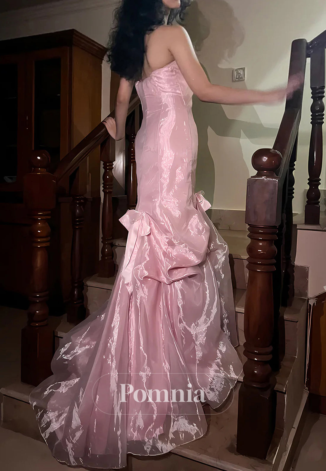 Princess Mermaid Strapless Pink Long Prom Dress with Ruffles