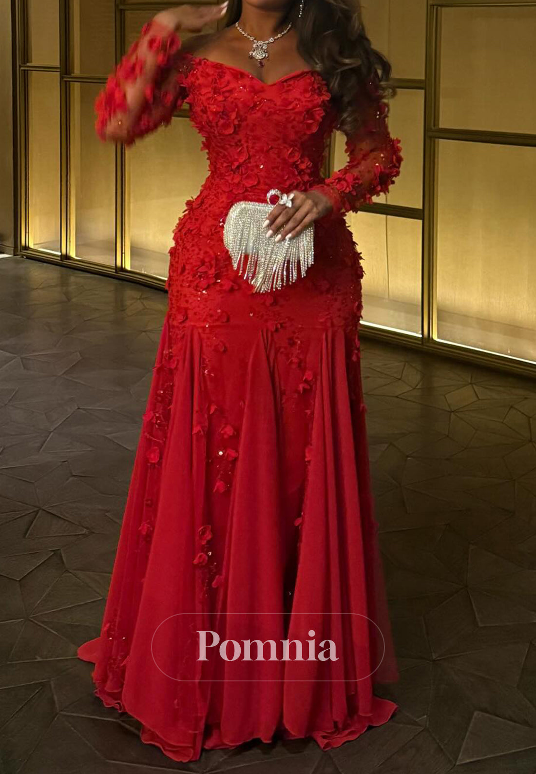 Red Long Sleeves Off-Shoulder Floral Appliques A-Line Prom Dress