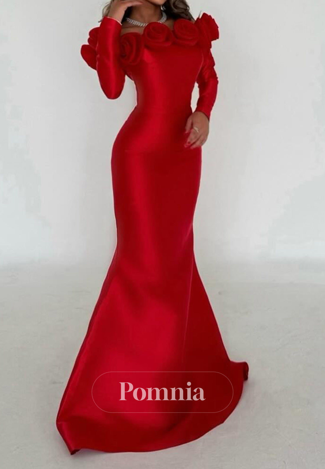 Red Long Sleeves Off-Shoulder Floral Appliques Evening Dress