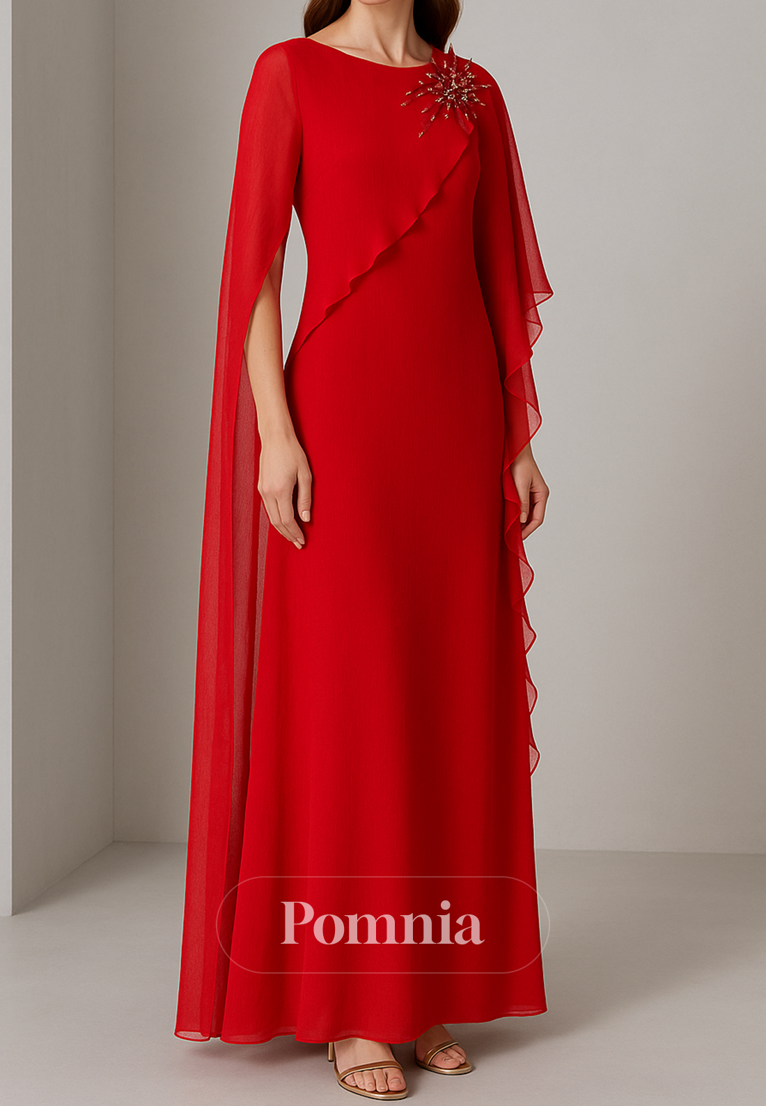 Red Long Sleeves Scoop Ruched Chiffon Evening Dress