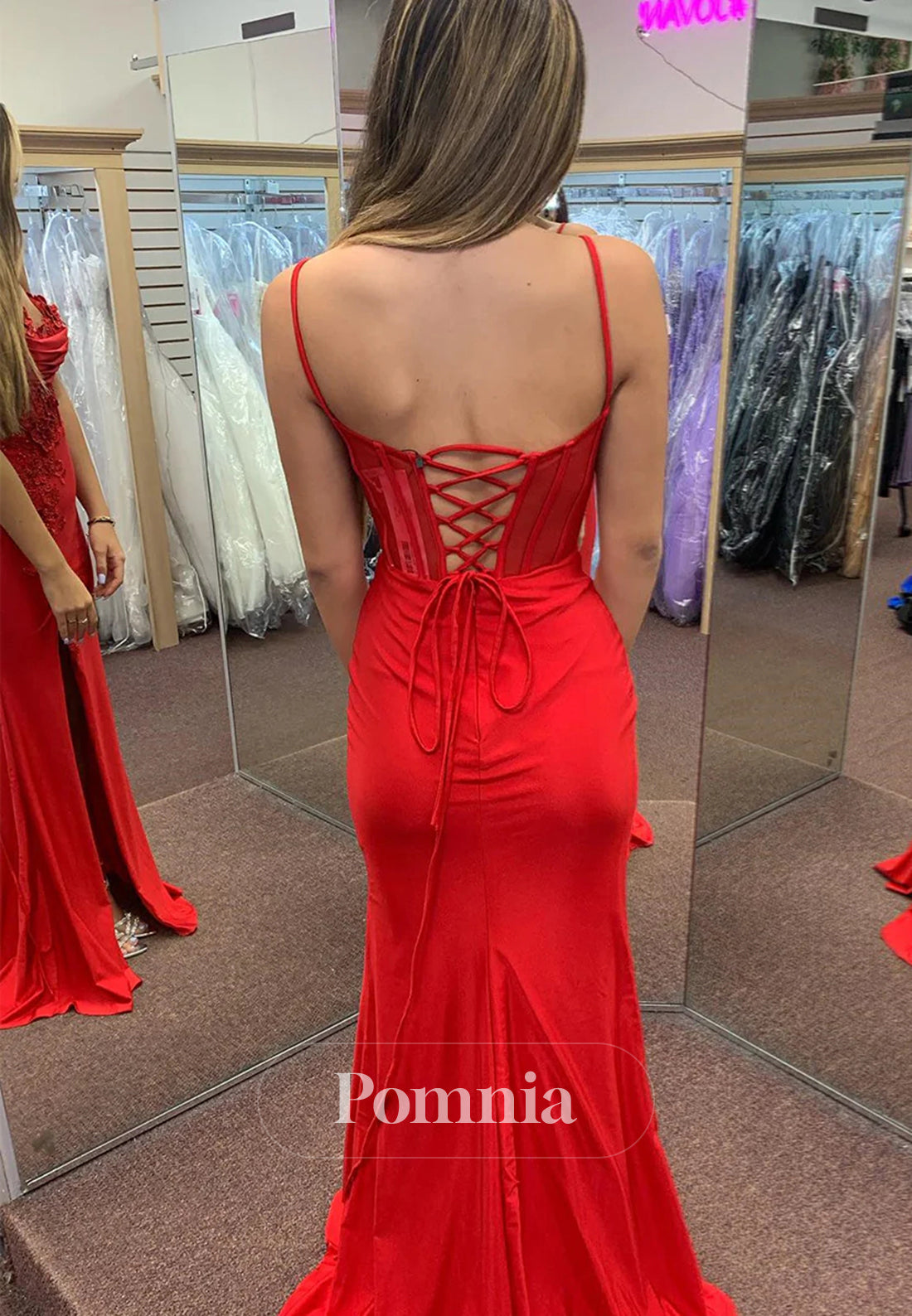 Red Mermaid Spaghetti Straps Appliqued Long Prom Dress with Slit