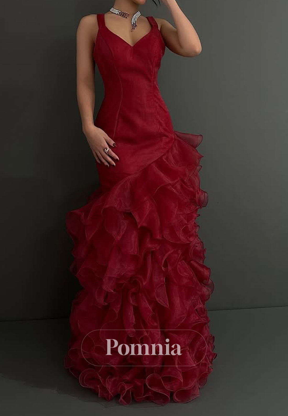 Red Spaghetti Straps Square Ruffles A-Line Prom Dress