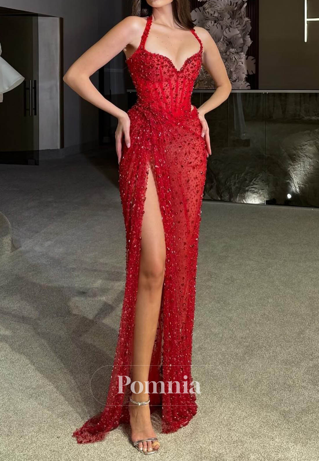 Red Spaghetti Straps Sweetheart Slit Sequins Prom Dress