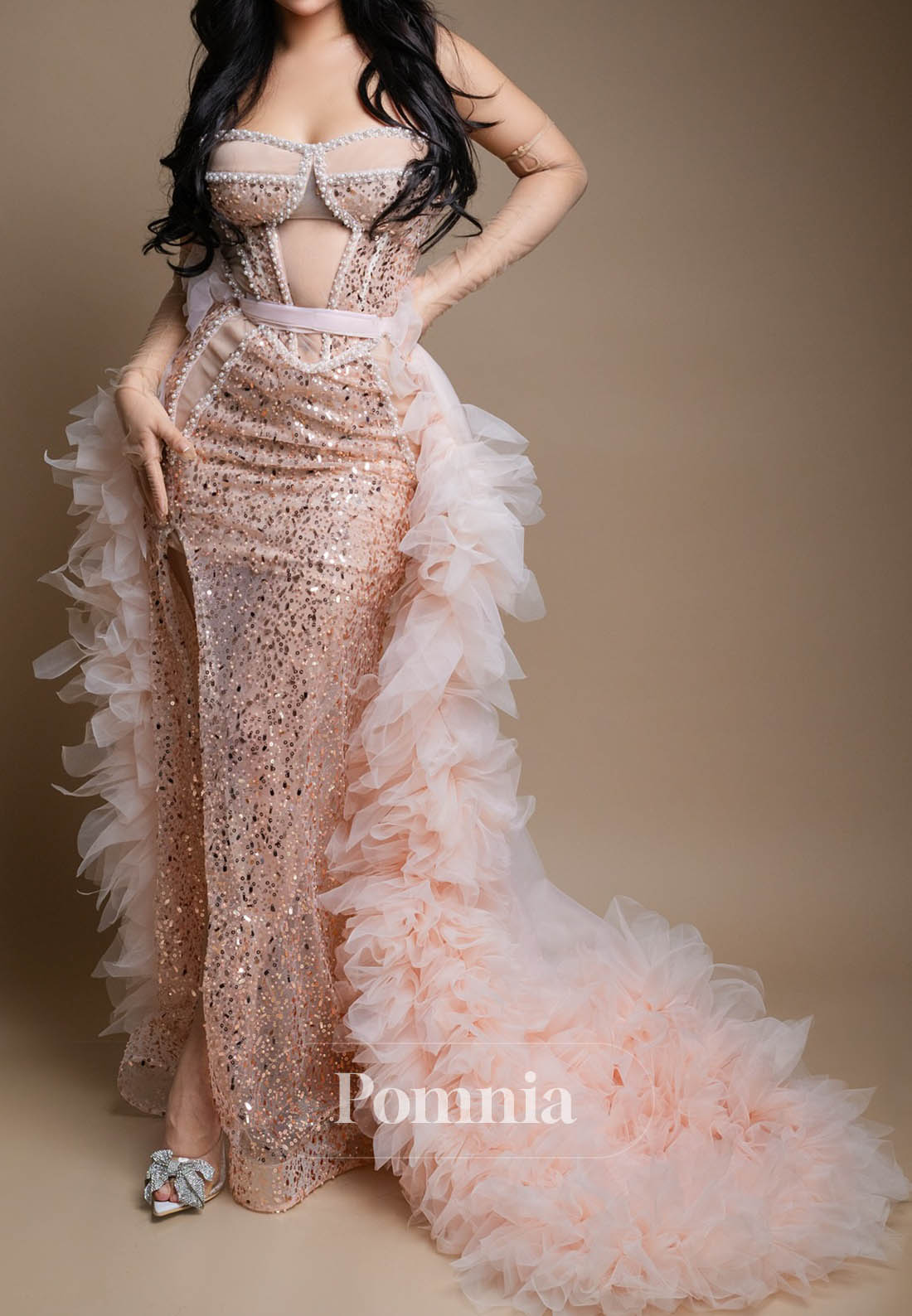 Rose Petal Sleeveless Strapless Sequins Slit Prom Dress