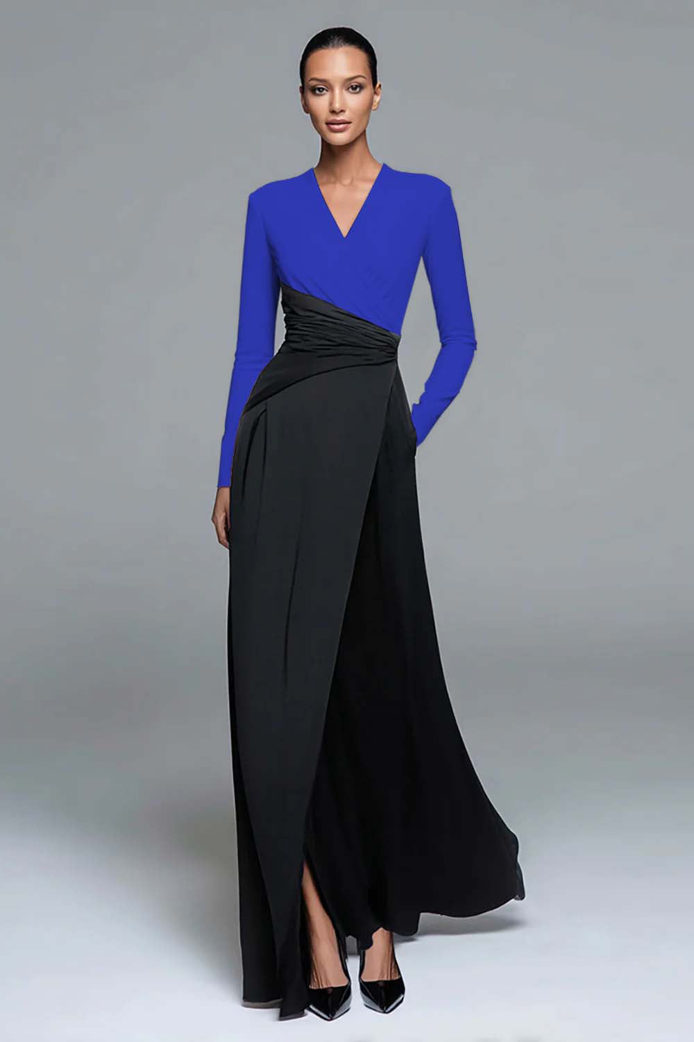 Black and White Patchwork Long Formal Dress with Pockets