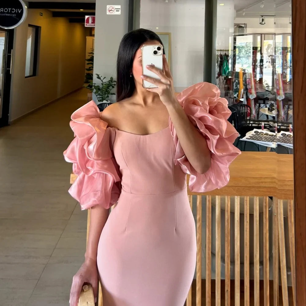 Bella Customized Pink Puff Sleeve Strapless Mermaid robes de soirée Chiffon Side Slit Party Dress