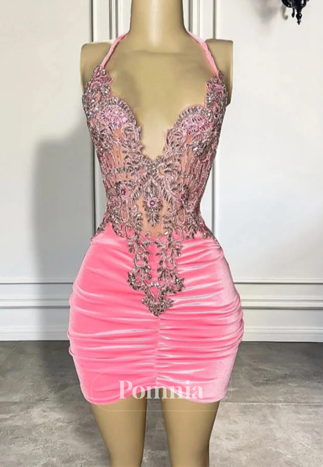 Sexy Pink Halter Applique Pleated Sleeveless Mini Homecoming Dress
