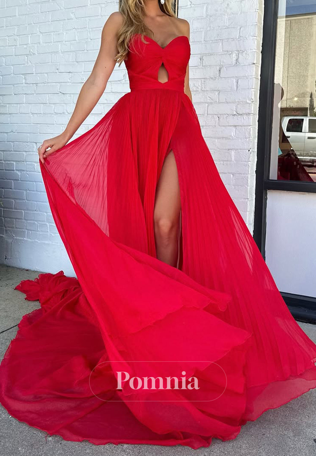 Simple A-Line Sleeveless Strapless Prom Dress with Slit