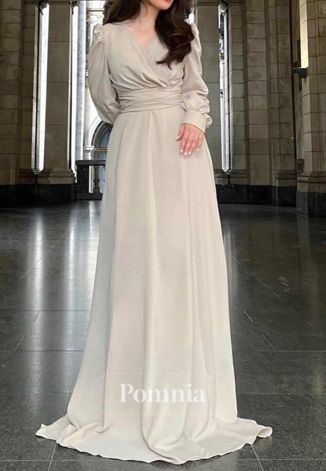 Simple Long Sleeves V-Neck Ruched A-Line Semi Formal Dress