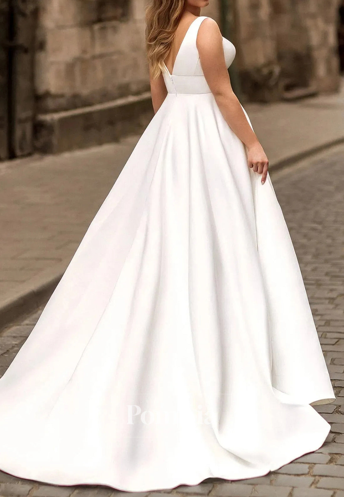 Simple V-Neck Sweep Train Backless Wedding Dresses