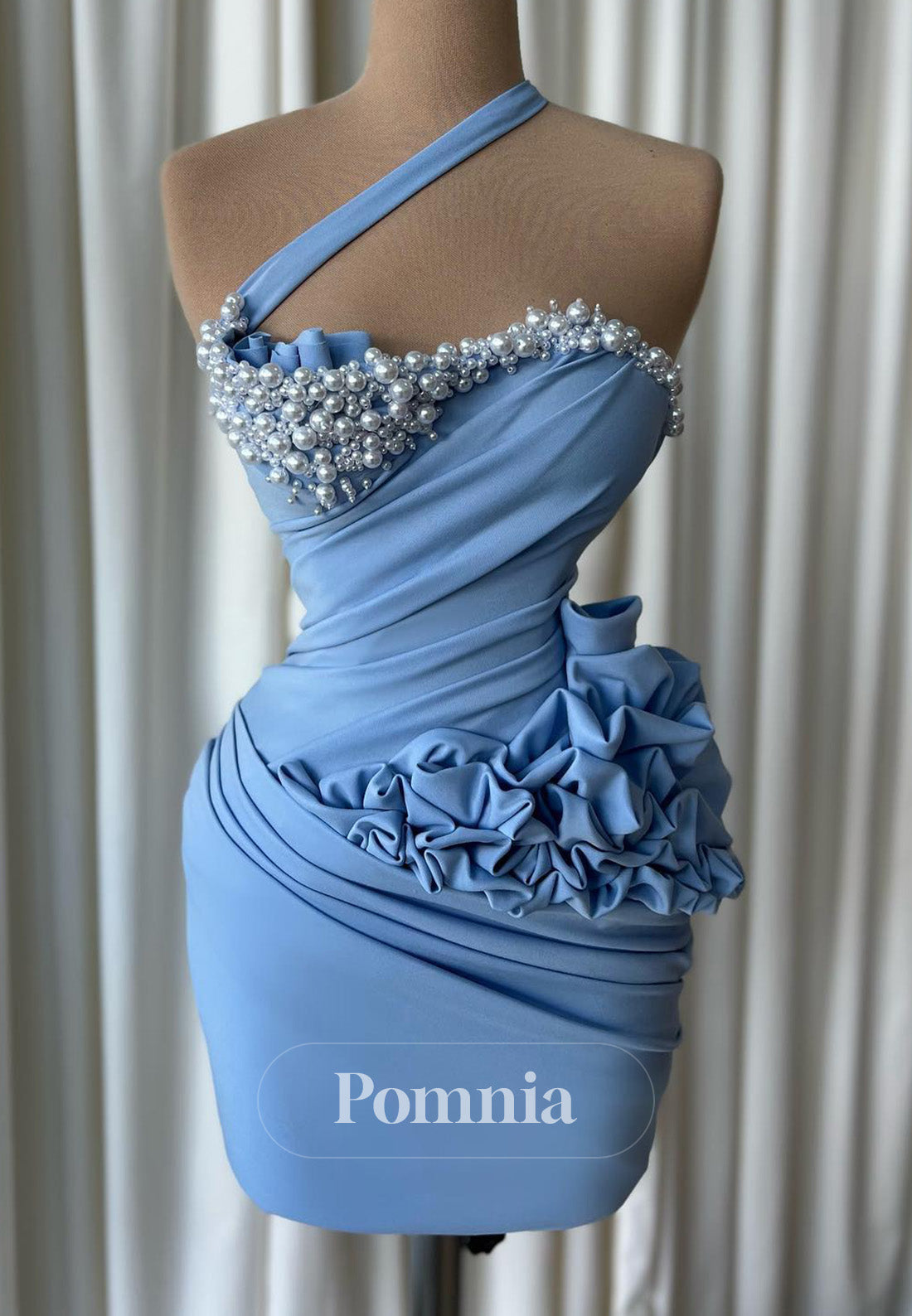 Sky Blue One Shoulder Sleeveless Appliques Pearls Homecoming Dress