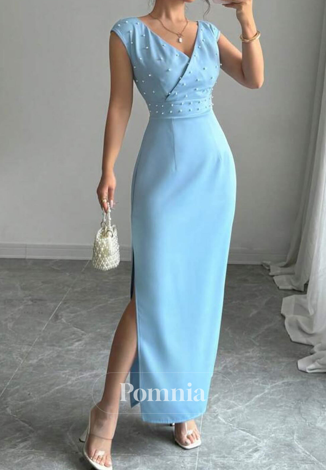 Sky Blue Sheath Sleeveless V-Neck Slit Pearls Evening Dress