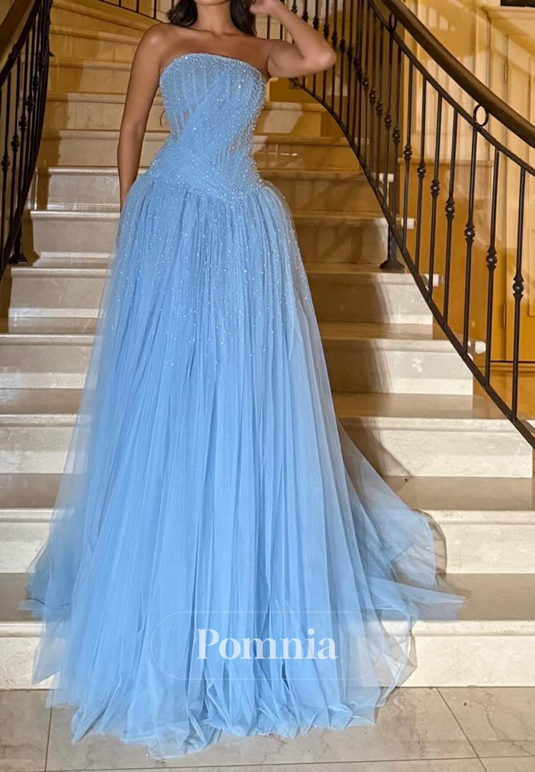 Sky Blue Sleeveless Strapless Ruched A-Line Prom Dress