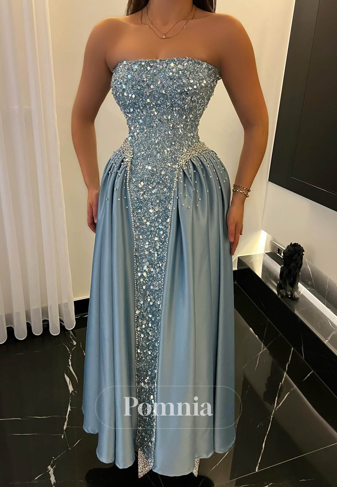 Sky Blue Sleeveless Strapless Sequins A-Line Prom Dress