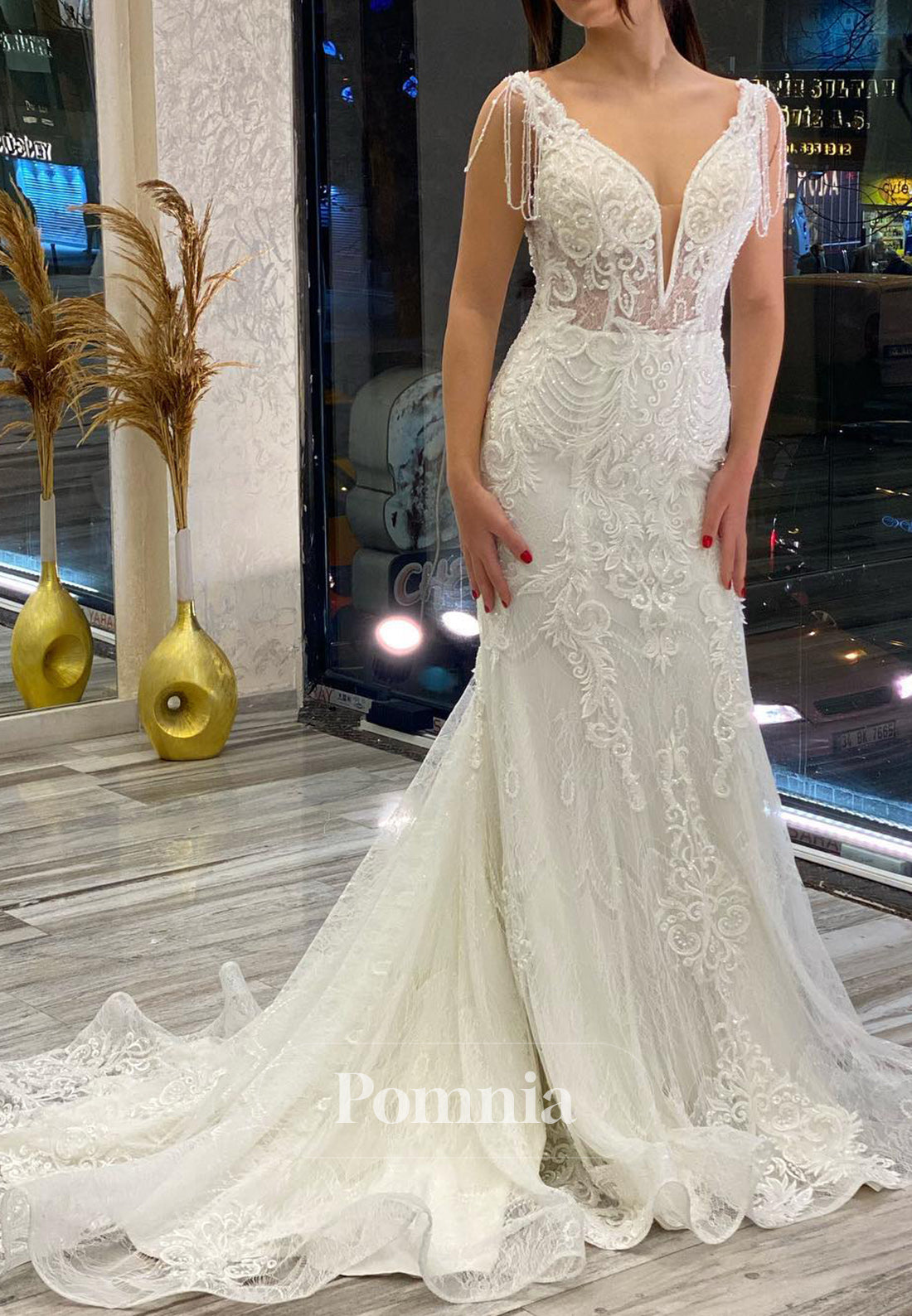 Spaghetti Straps V-Neck Backless Corset Mermaid Wedding Dress