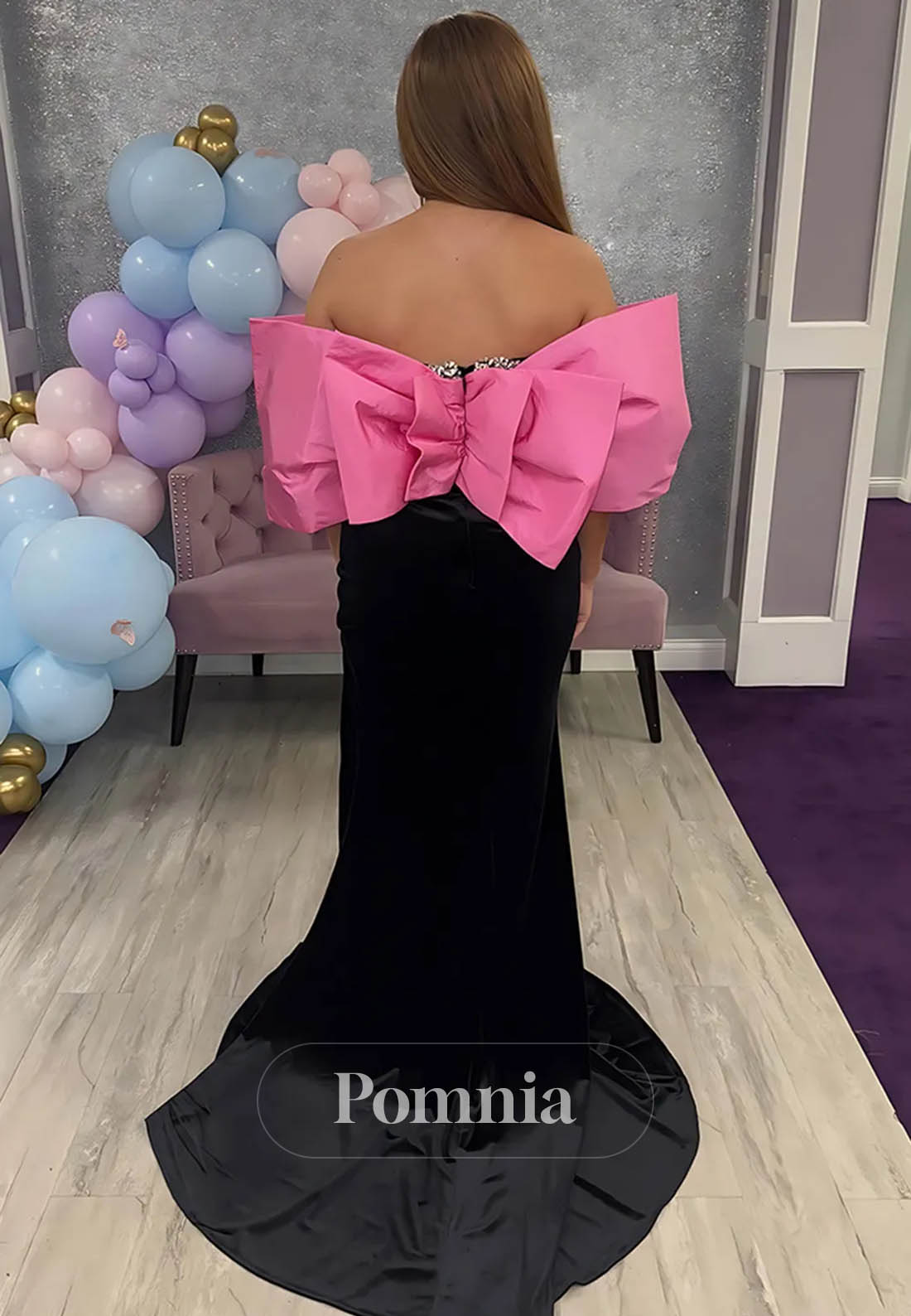 Sparkly Black Velvet Sheath Strapless Beaded Long Prom Dress with Slit