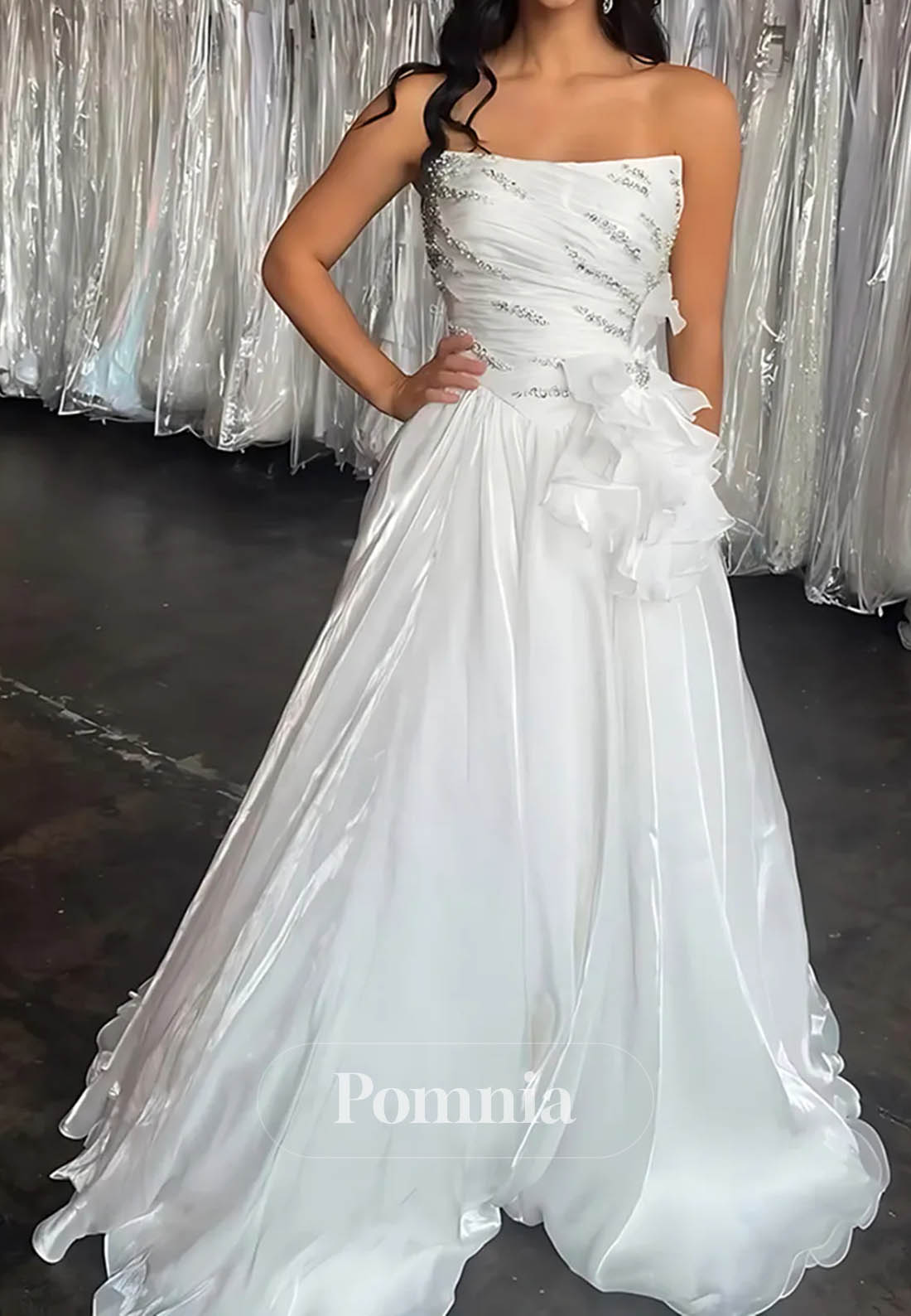 Sparkly Blue A Line Ruffled Strapless Long Prom Dress with Rhinestones