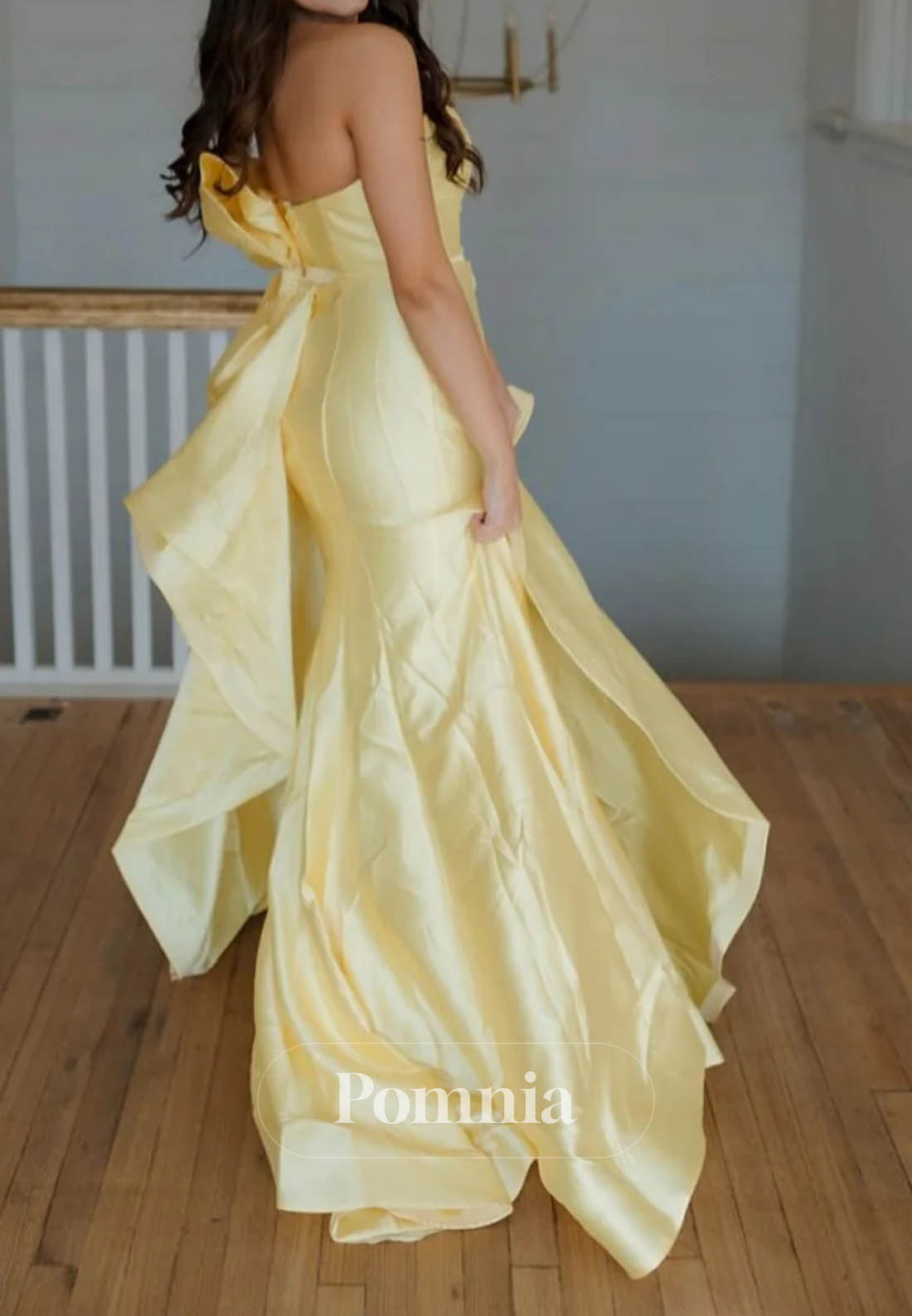 Strapless Yellow Back Bow Long Prom Dress