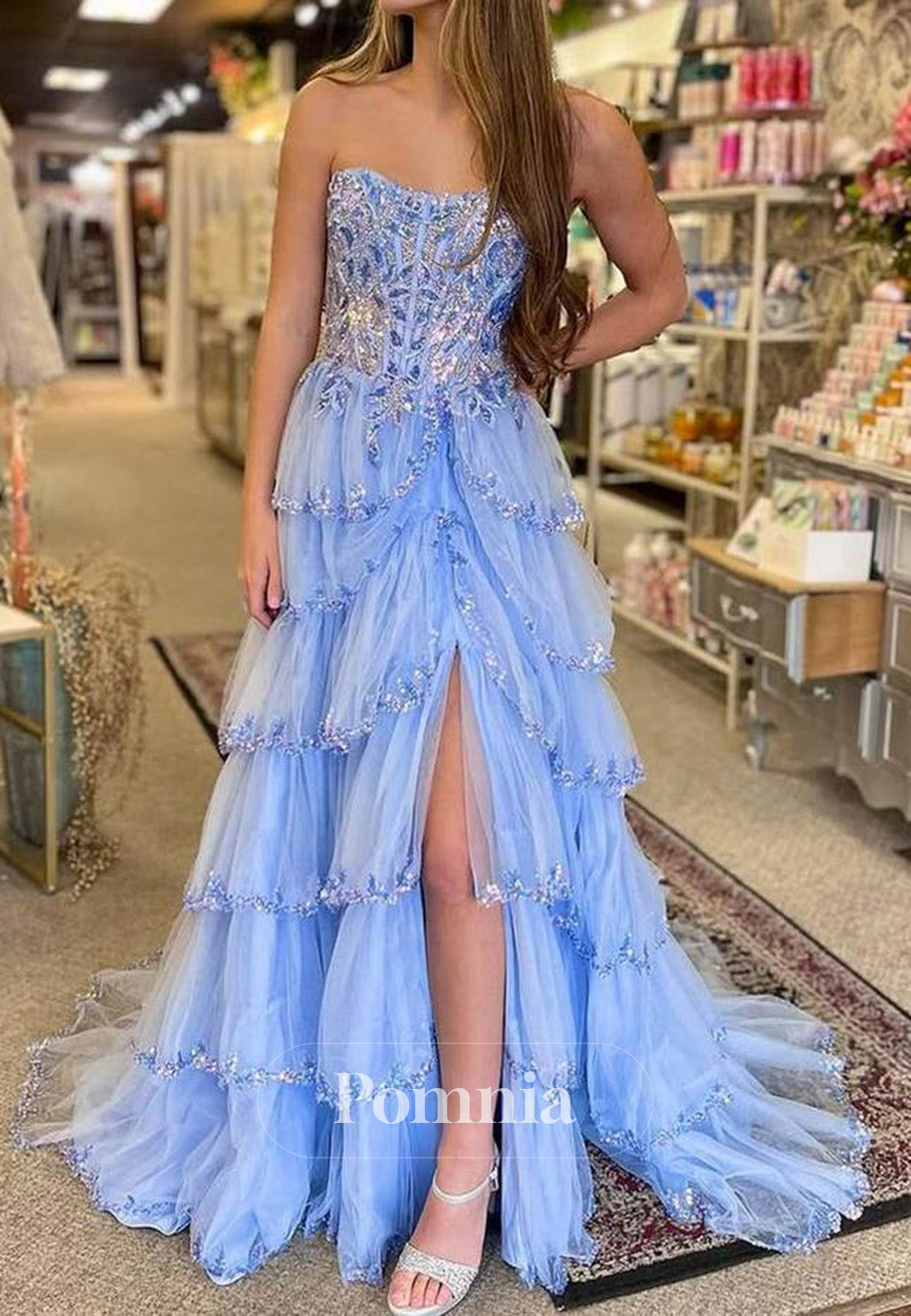 Stunning Strapless A-Line Empire-Waist Layered Appliques Prom Dress with Slit