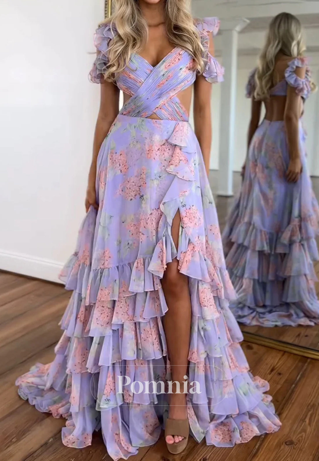 Stylish Purple Print A-Line Off The Shoulder Layered Prom Dress